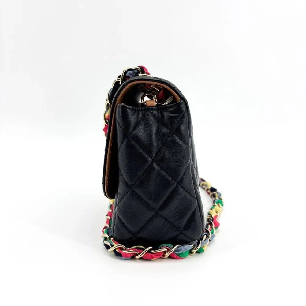 Chanel Mini Flap Bag Black Lambskin Gold Hardware Multicolor Ribbon Chain